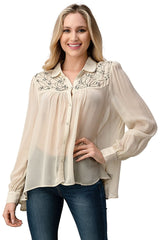 Embroidered Sheer Button - Up Blouse β Casual Elegance - Wear and Wander