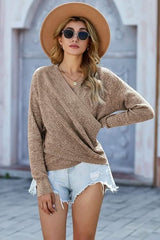 Fashion Khaki Deep V - neck Long Sleeve Knit Sweater - Wear and Wander