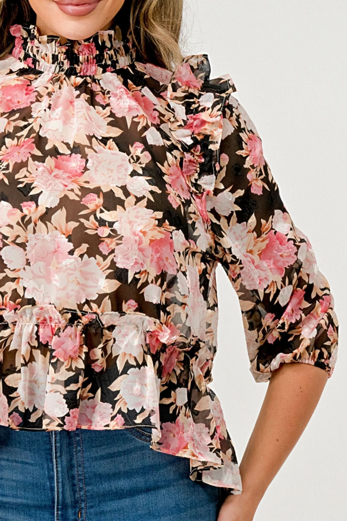 Floral High - Neck Ruffle Blouse - Wear and Wander