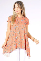 Floral Print Asymmetrical Tunic with Short Sleeve - Wear and Wander