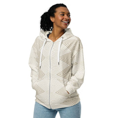 Graphic Zip Hoodie Beige and White Tribal Geometric Aztec Print - Wear and Wander