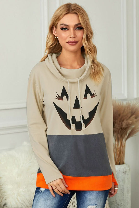Gray Cowl Neck Pumpkin Print Color Block Halloween Sweatshirt - Wear and Wander