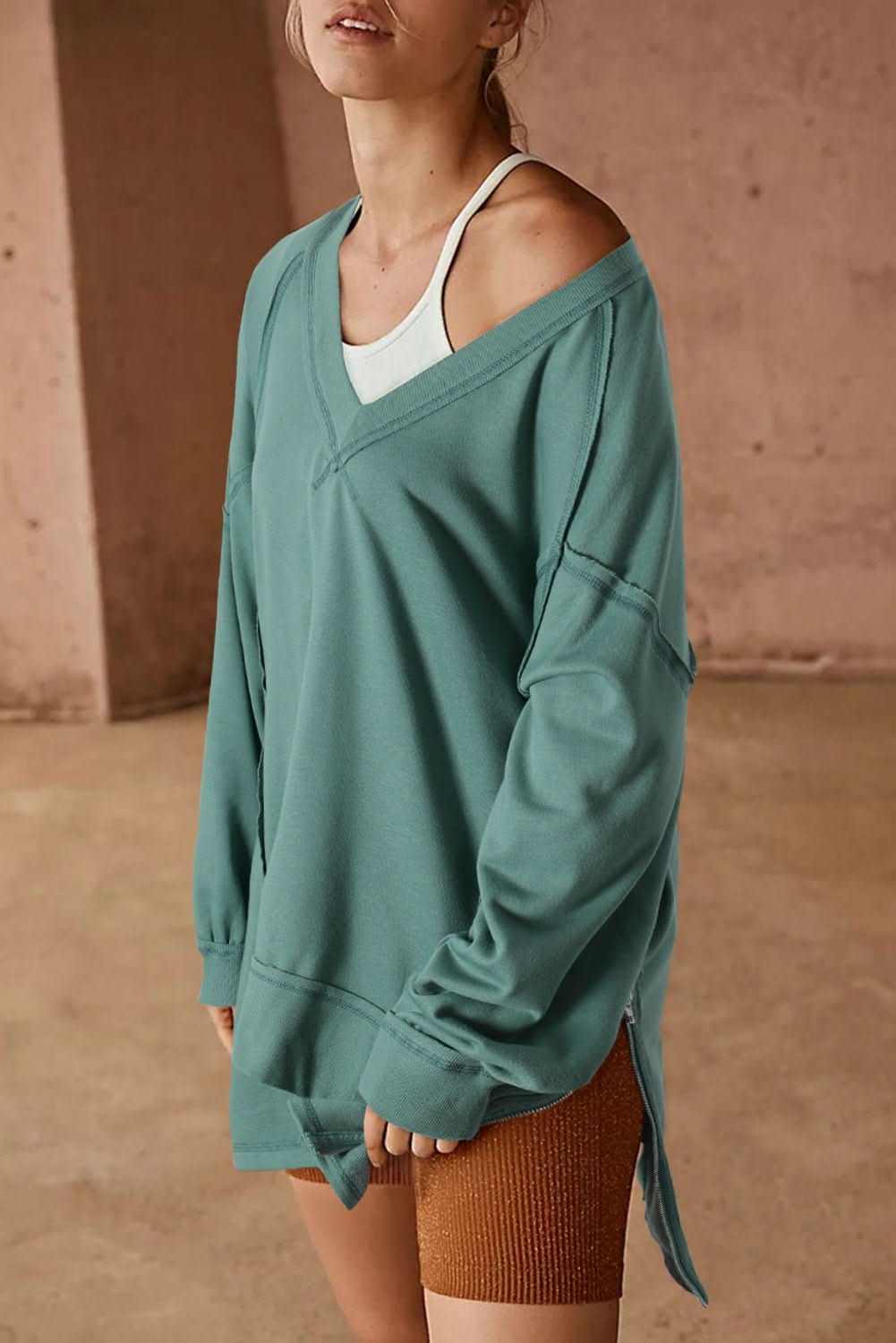 Green High Low Exposed Seam V Neck Loose Sweatshirt - Wear and Wander