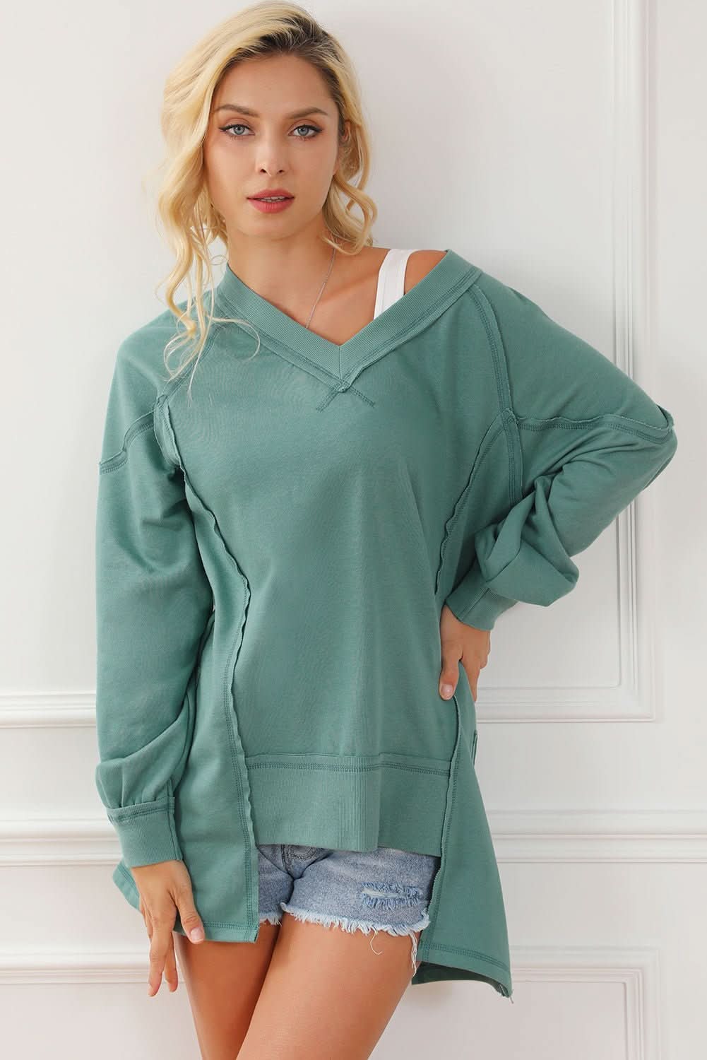 Green High Low Exposed Seam V Neck Loose Sweatshirt - Wear and Wander