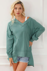 Green High Low Exposed Seam V Neck Loose Sweatshirt - Wear and Wander