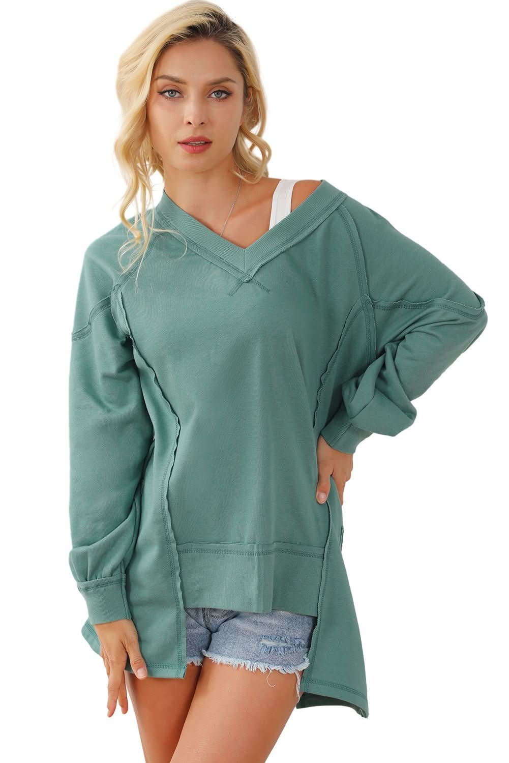 Green High Low Exposed Seam V Neck Loose Sweatshirt - Wear and Wander