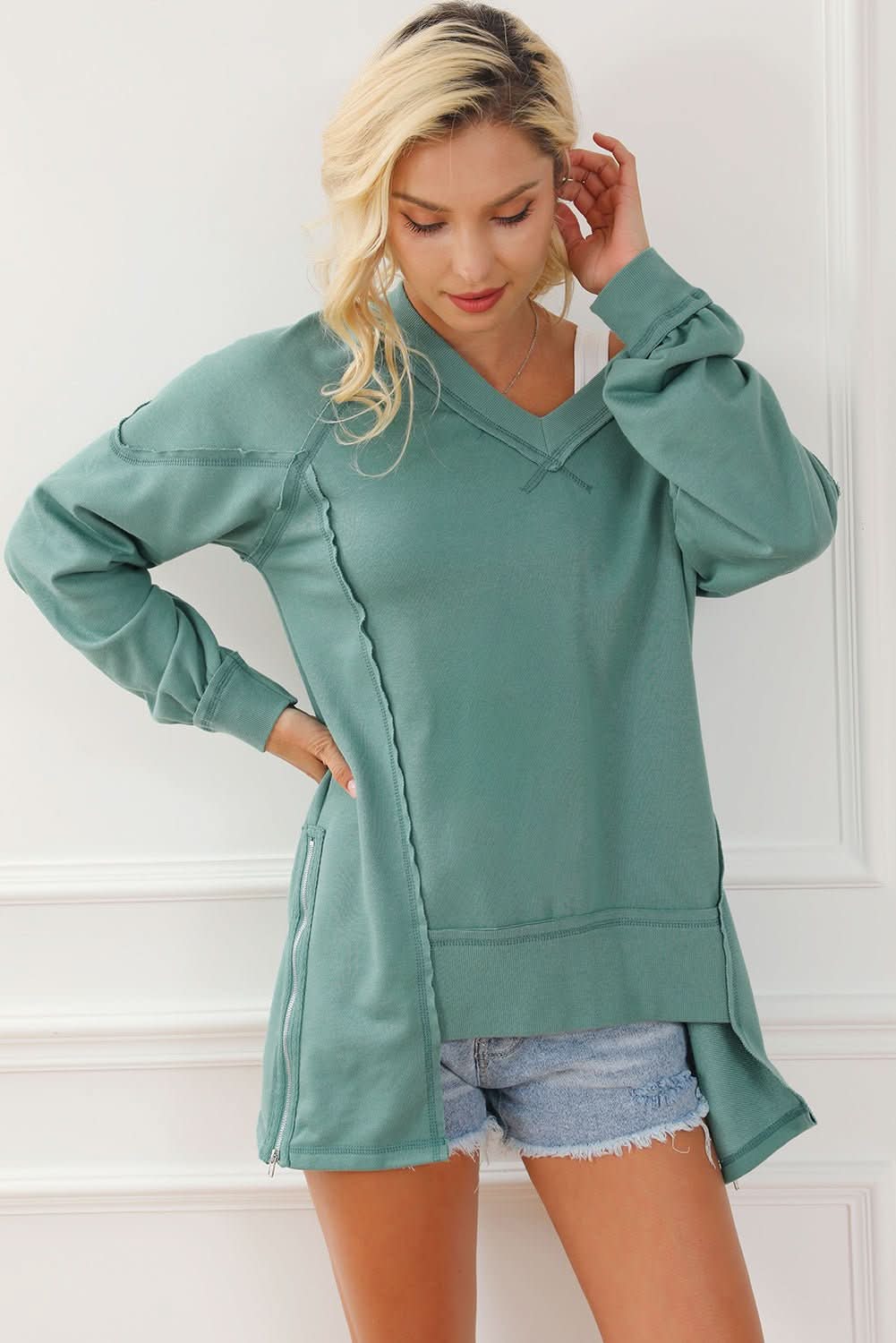 Green High Low Exposed Seam V Neck Loose Sweatshirt - Wear and Wander