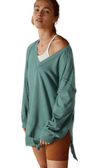 Green High Low Exposed Seam V Neck Loose Sweatshirt - Wear and Wander