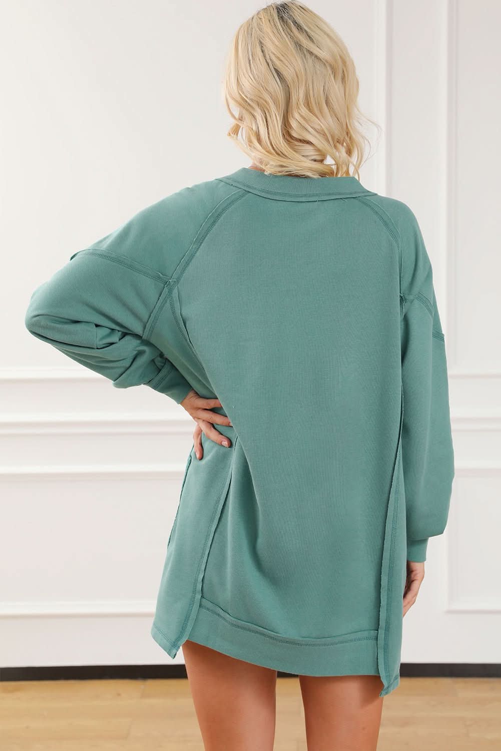 Green High Low Exposed Seam V Neck Loose Sweatshirt - Wear and Wander