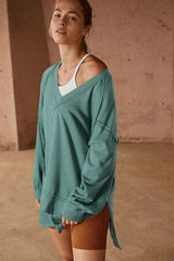Green High Low Exposed Seam V Neck Loose Sweatshirt - Wear and Wander