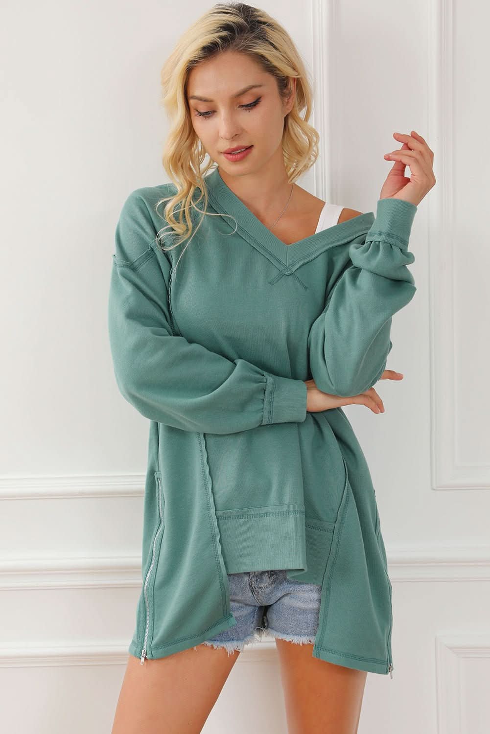 Green High Low Exposed Seam V Neck Loose Sweatshirt - Wear and Wander