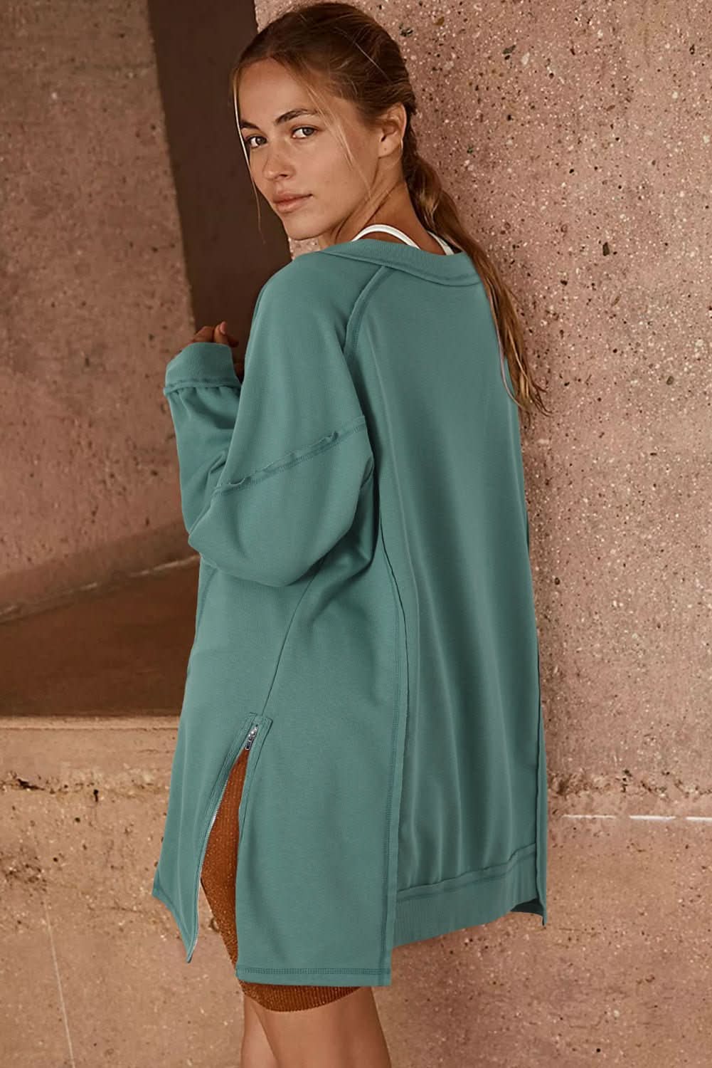 Green High Low Exposed Seam V Neck Loose Sweatshirt - Wear and Wander