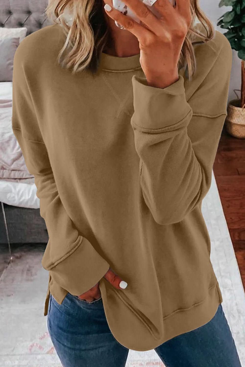 Khaki Crew Neck Long Sleeve Sweatshirt - Wear and Wander