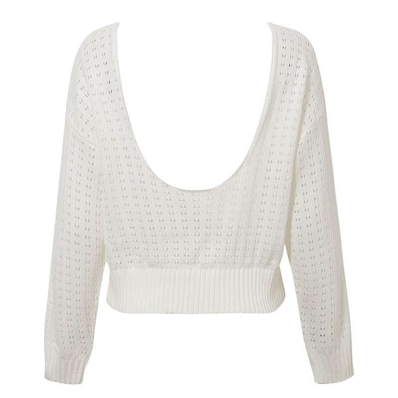 Knitted hollow out o neck pullover Women backless long sleeve - Wear and Wander