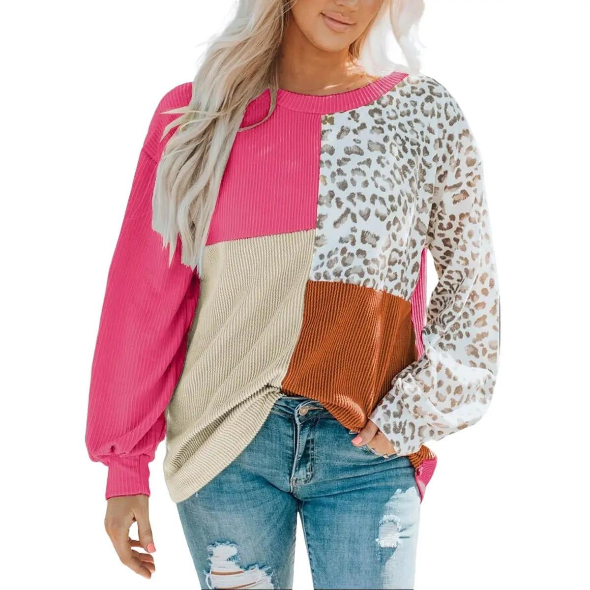 Leopard Patchwork Color Block Ribbed Long Sleeve Top - Wear n Wander