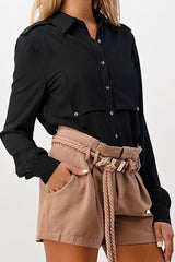 Long Sleeve Button - Down Blouse with Gold Button Accents - Wear and Wander
