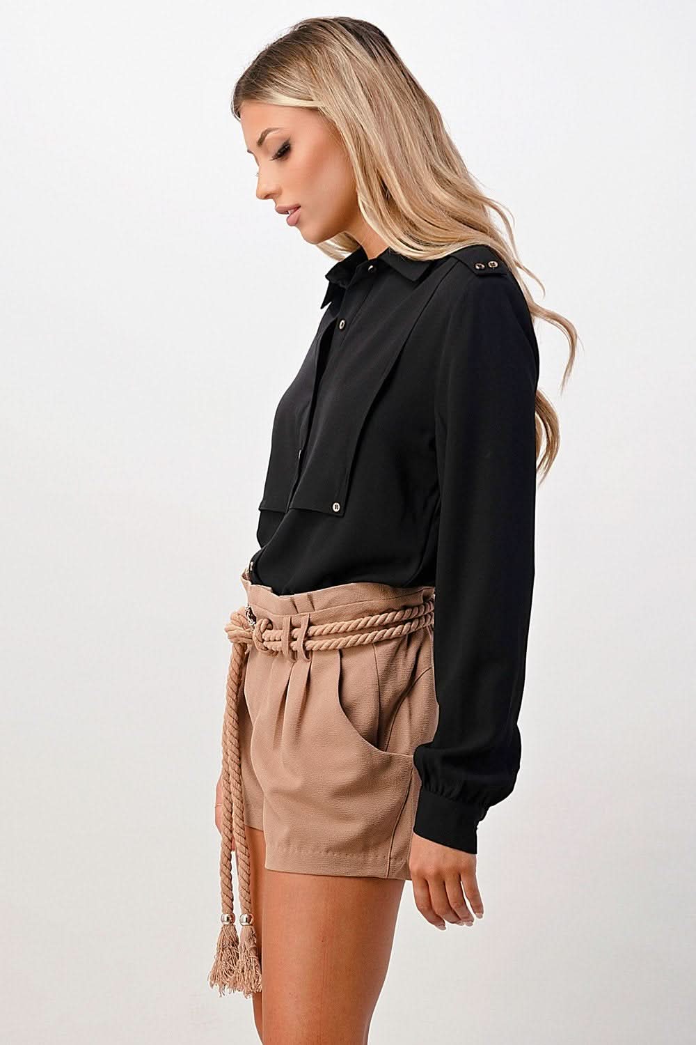 Long Sleeve Button - Down Blouse with Gold Button Accents - Wear and Wander