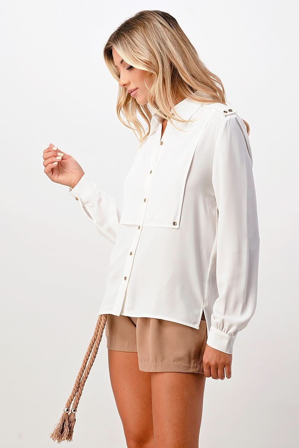 Long Sleeve Button - Down Blouse with Gold Button Accents - Wear and Wander