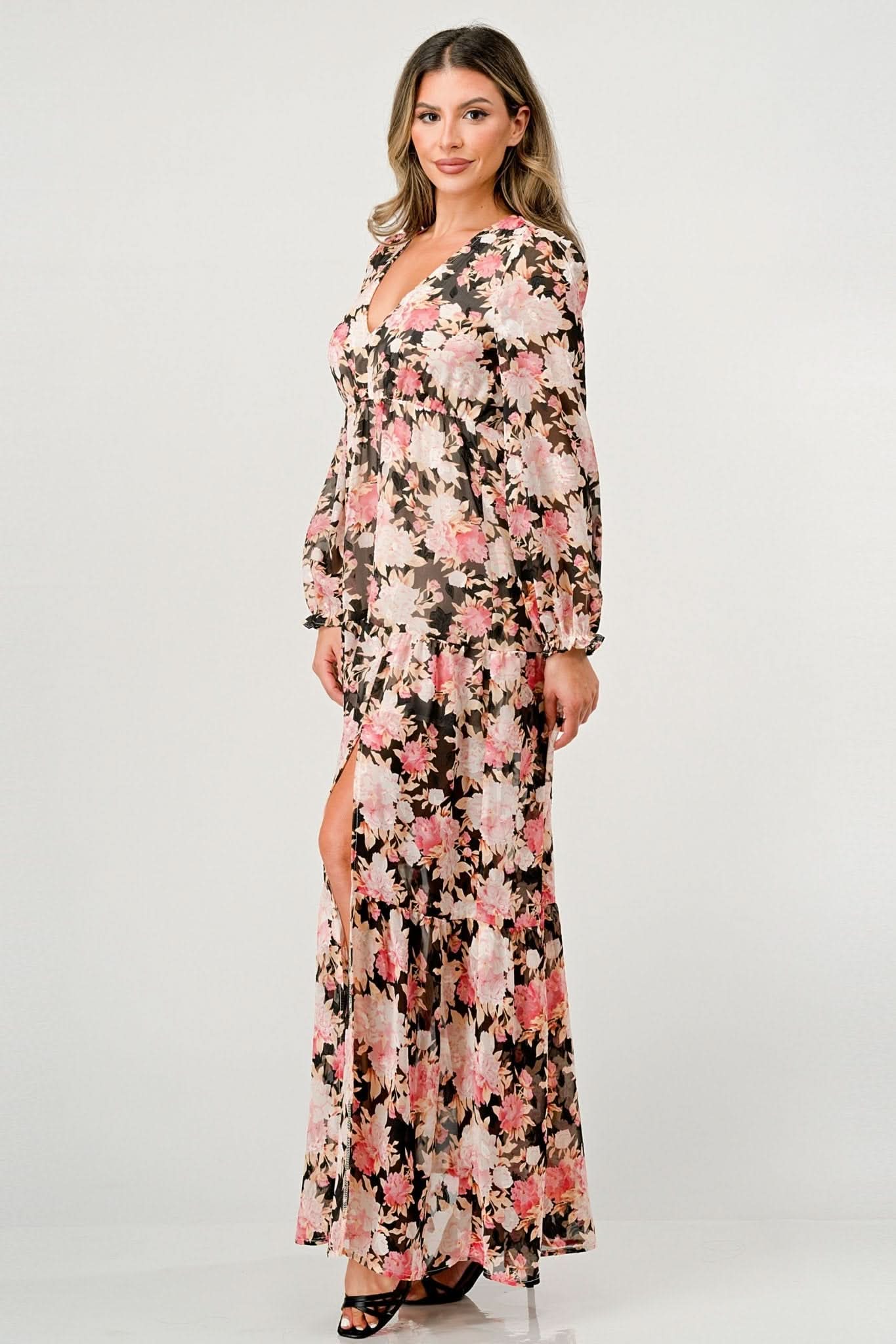Long Sleeve Maxi Dress with High Slit and Tiered Skirt - Wear and Wander