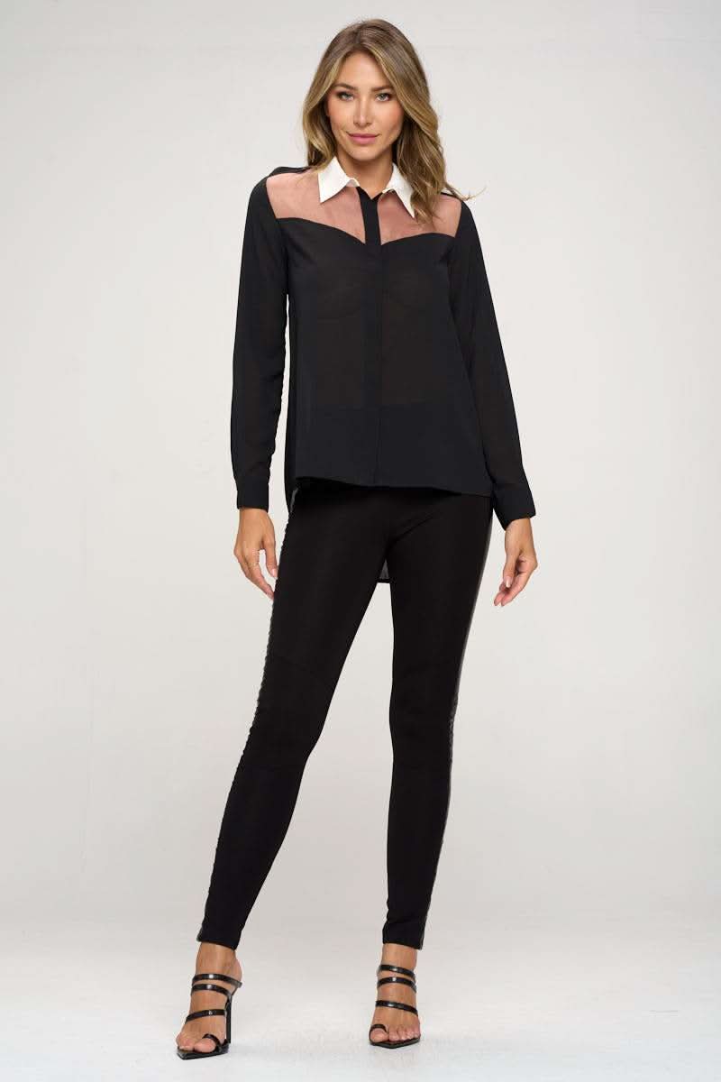 Long Sleeve Sheer Panel Collared Blouse - Wear and Wander