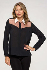 Long Sleeve Sheer Panel Collared Blouse - Wear and Wander