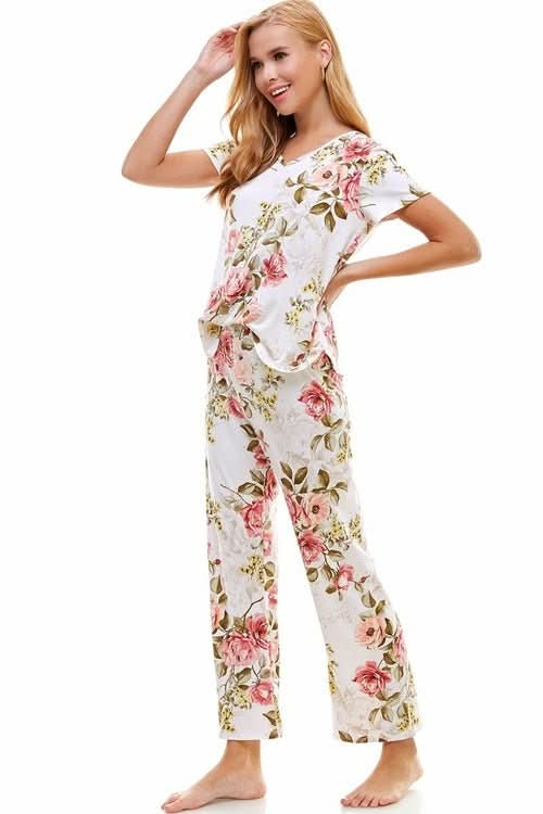 Loungewear set for women's floral short sleeve and pants - Wear and Wander