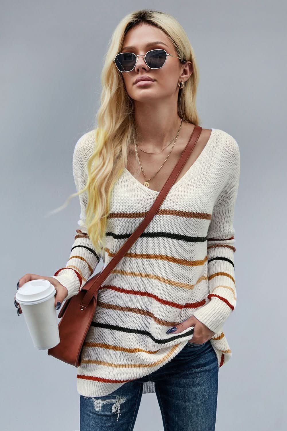 Multicolor Striped Loose Knit Sweater - Wear and Wander