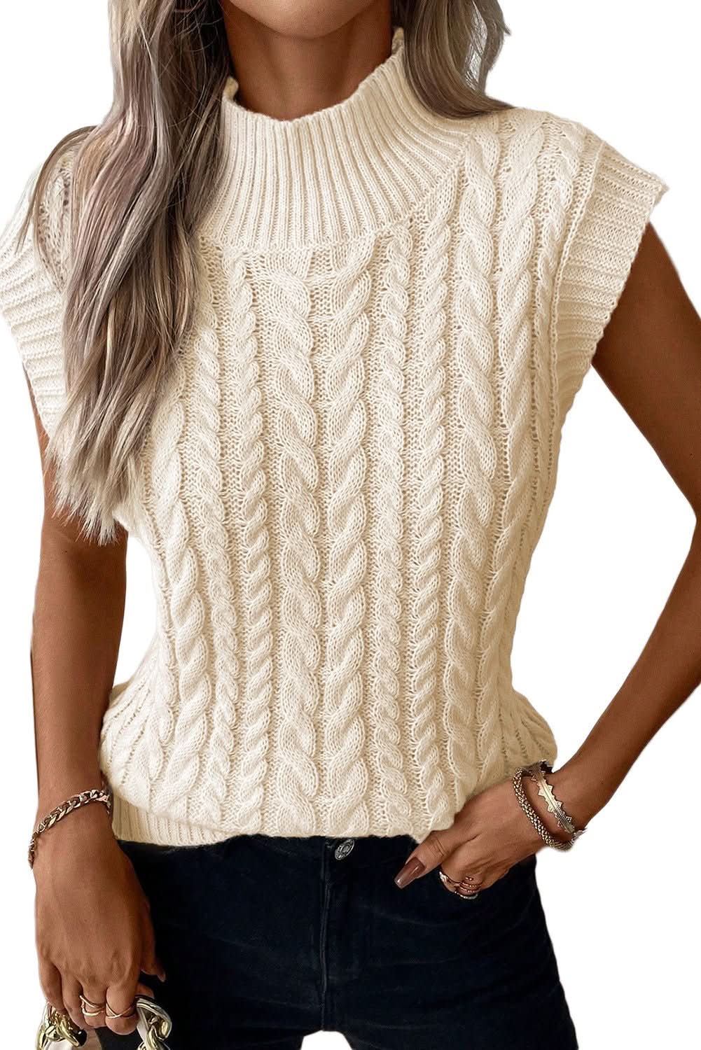 Oatmeal Cable Knit High Neck Sweater Vest - Wear and Wander