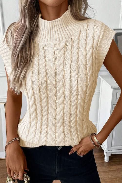 Oatmeal Cable Knit High Neck Sweater Vest - Wear and Wander