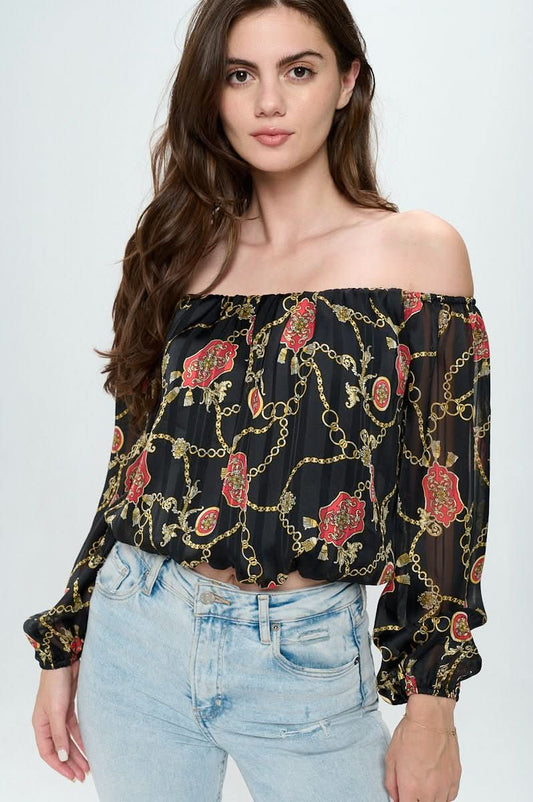 Off - Shoulder Printed Crop Top with Long Sleeves - Wear and Wander