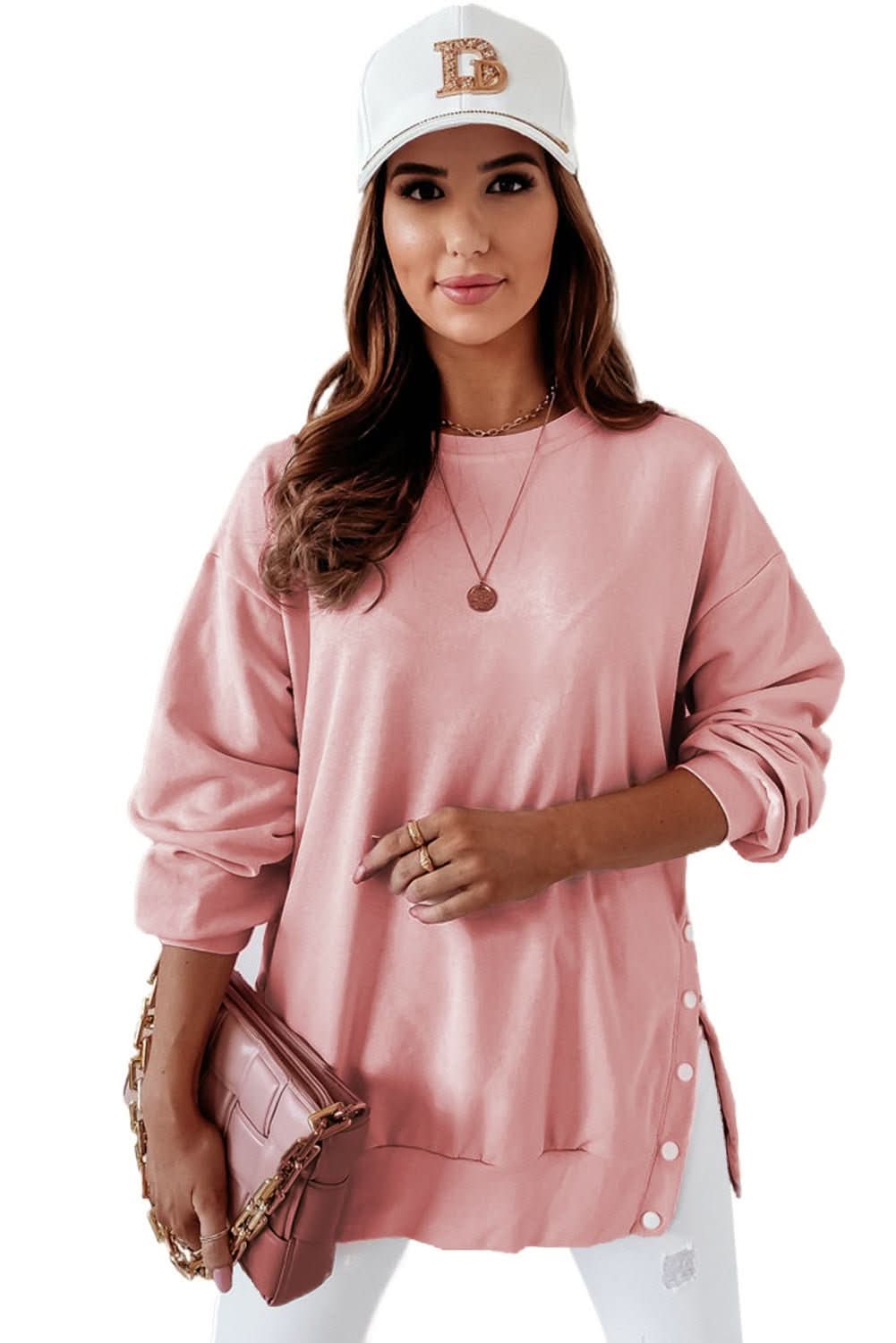 Pink Crew Neck Slit Buttons Sweatshirt - Wear and Wander