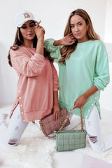 Pink Crew Neck Slit Buttons Sweatshirt - Wear and Wander