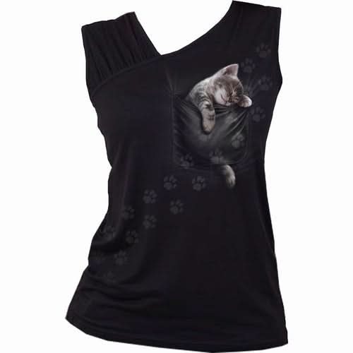 POCKET KITTEN - Gathered Shoulder Slant Vest Black - Wear and Wander