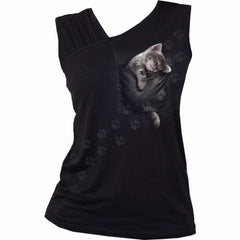 POCKET KITTEN - Gathered Shoulder Slant Vest Black - Wear and Wander