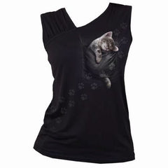 POCKET KITTEN - Gathered Shoulder Slant Vest Black - Wear and Wander