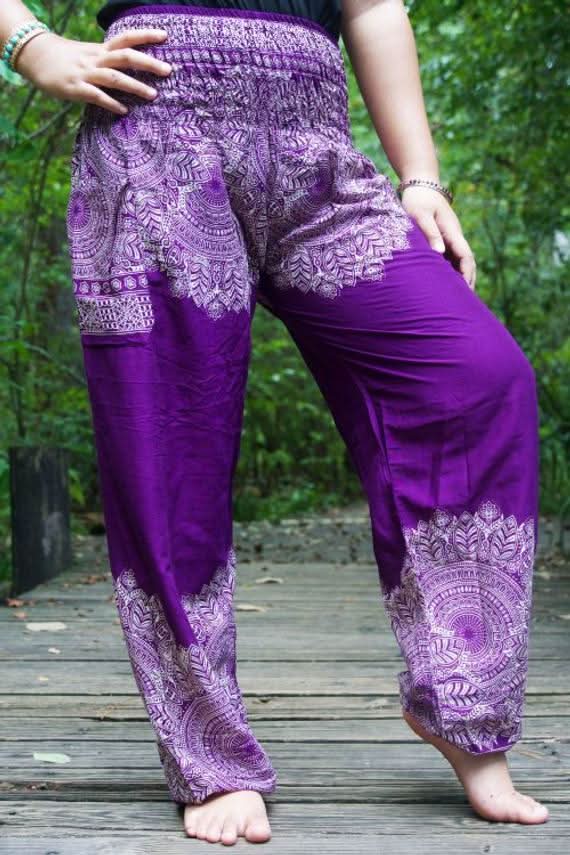 Purple FLORAL Women Boho Pants Hippie Pants Yoga Pants - Wear and Wander