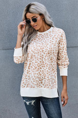Round Neck Long Sleeve Apricot Leopard Print Loose Fit Sweatshirt - Wear and Wander