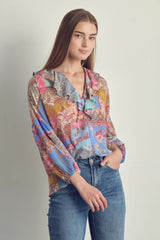 Ruffled V - Neck Patchwork Blouse - Wear and Wander