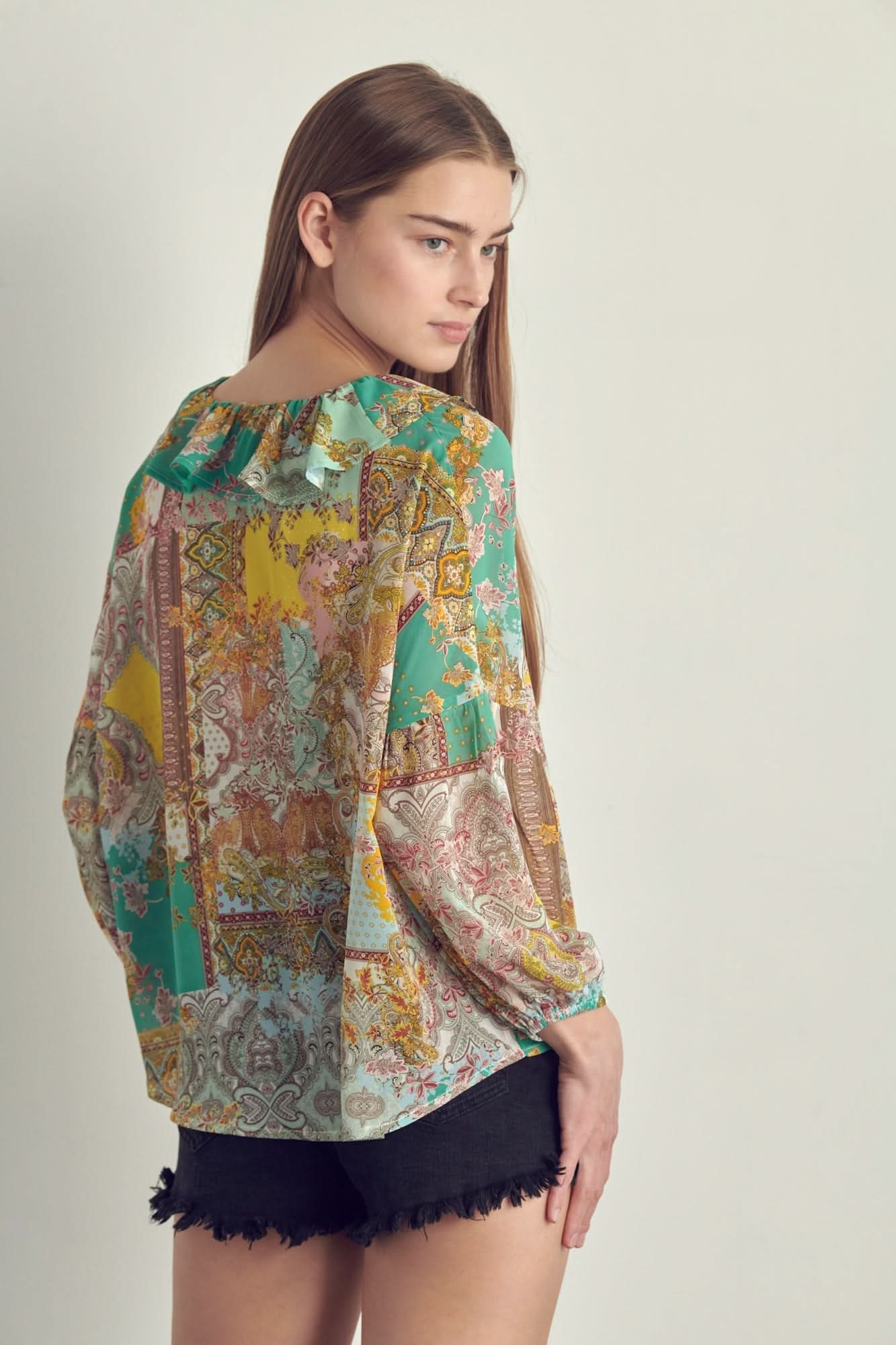 Ruffled V - Neck Patchwork Blouse - Wear and Wander