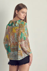 Ruffled V - Neck Patchwork Blouse - Wear and Wander