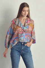 Ruffled V - Neck Patchwork Blouse - Wear and Wander