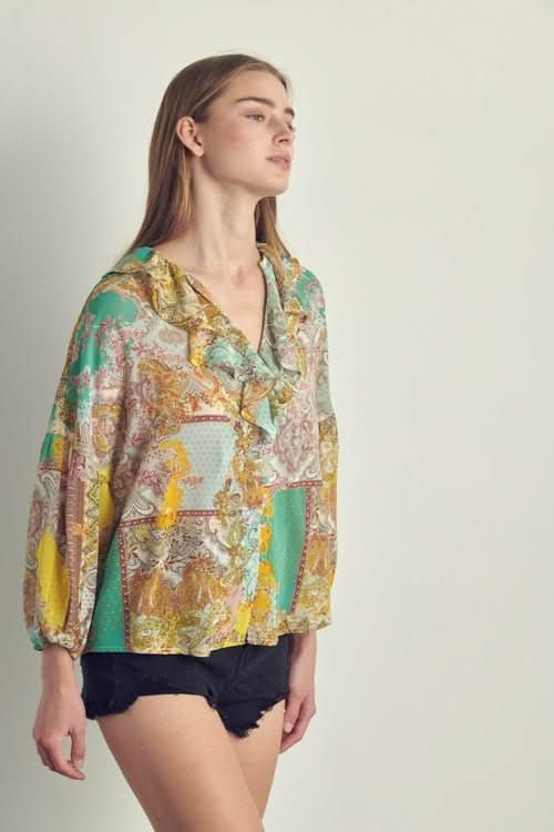 Ruffled V - Neck Patchwork Blouse - Wear and Wander