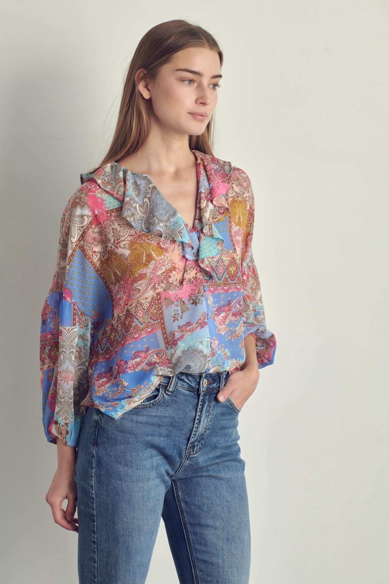 Ruffled V - Neck Patchwork Blouse - Wear and Wander