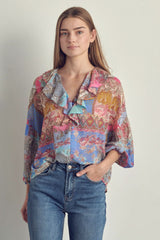 Ruffled V - Neck Patchwork Blouse - Wear and Wander