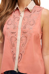 Sleeveless Button - Up Blouse with Intricate Embroidery - Wear and Wander