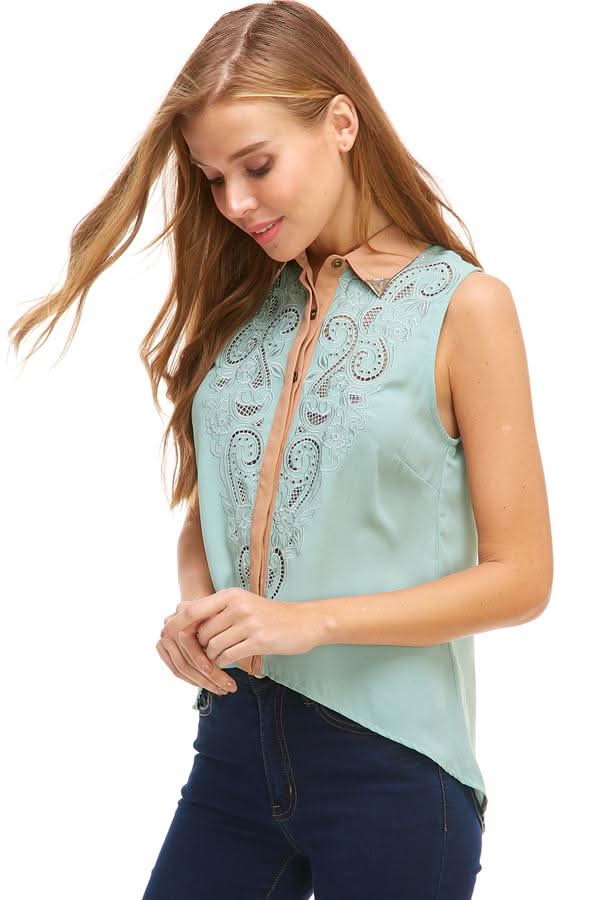 Sleeveless Button - Up Blouse with Intricate Embroidery - Wear and Wander