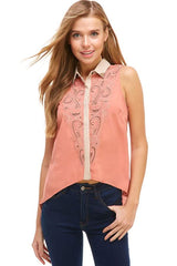 Sleeveless Button - Up Blouse with Intricate Embroidery - Wear and Wander