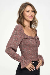 Smocked Floral Long Sleeve Top with Ruffle Neckline - Wear and Wander