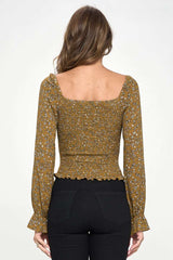 Smocked Floral Long Sleeve Top with Ruffle Neckline - Wear and Wander