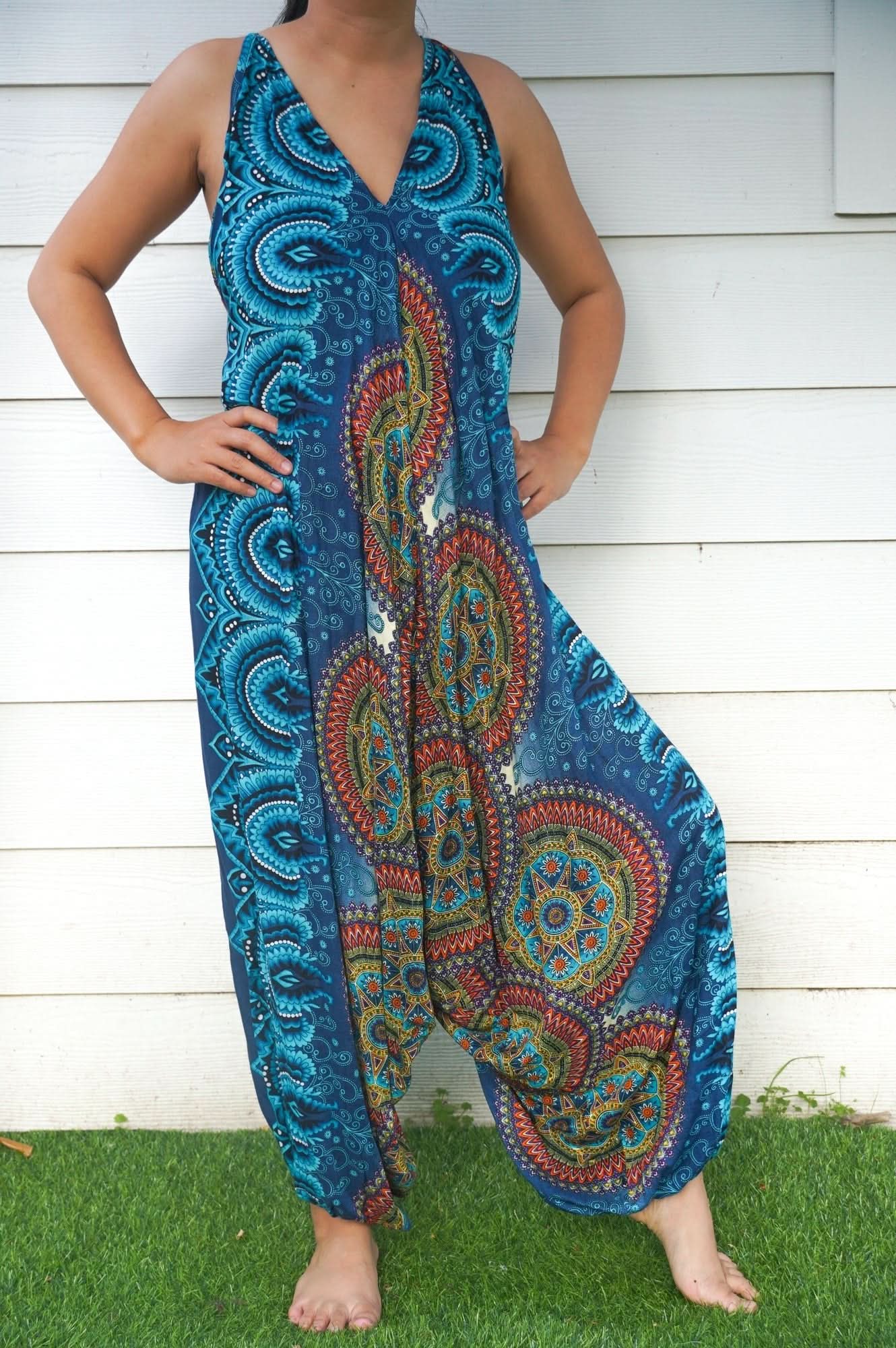 Teal Mandala Boho Hippie Jumpsuit Rompers - Wear and Wander